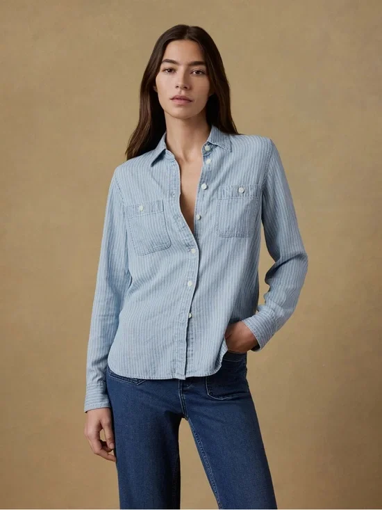 Faherty Chambray button down shirt Blue White stripe large - Picture 8 of 9